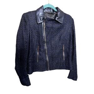 T Tahari Blue Jacket Size M Sparkle Zippers Biker Y2K Business Causal